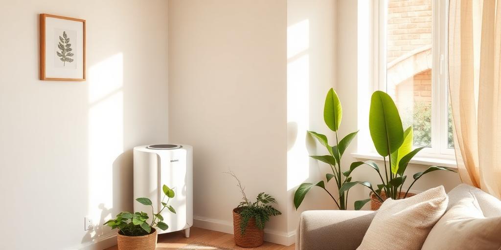 Sunlit minimal living room with plants and air purifier