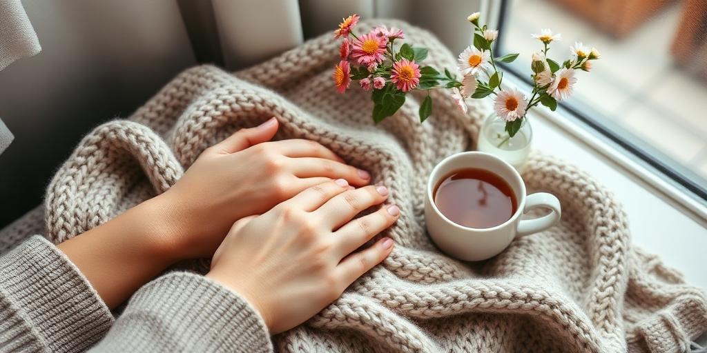Hands resting together beside herbal tea